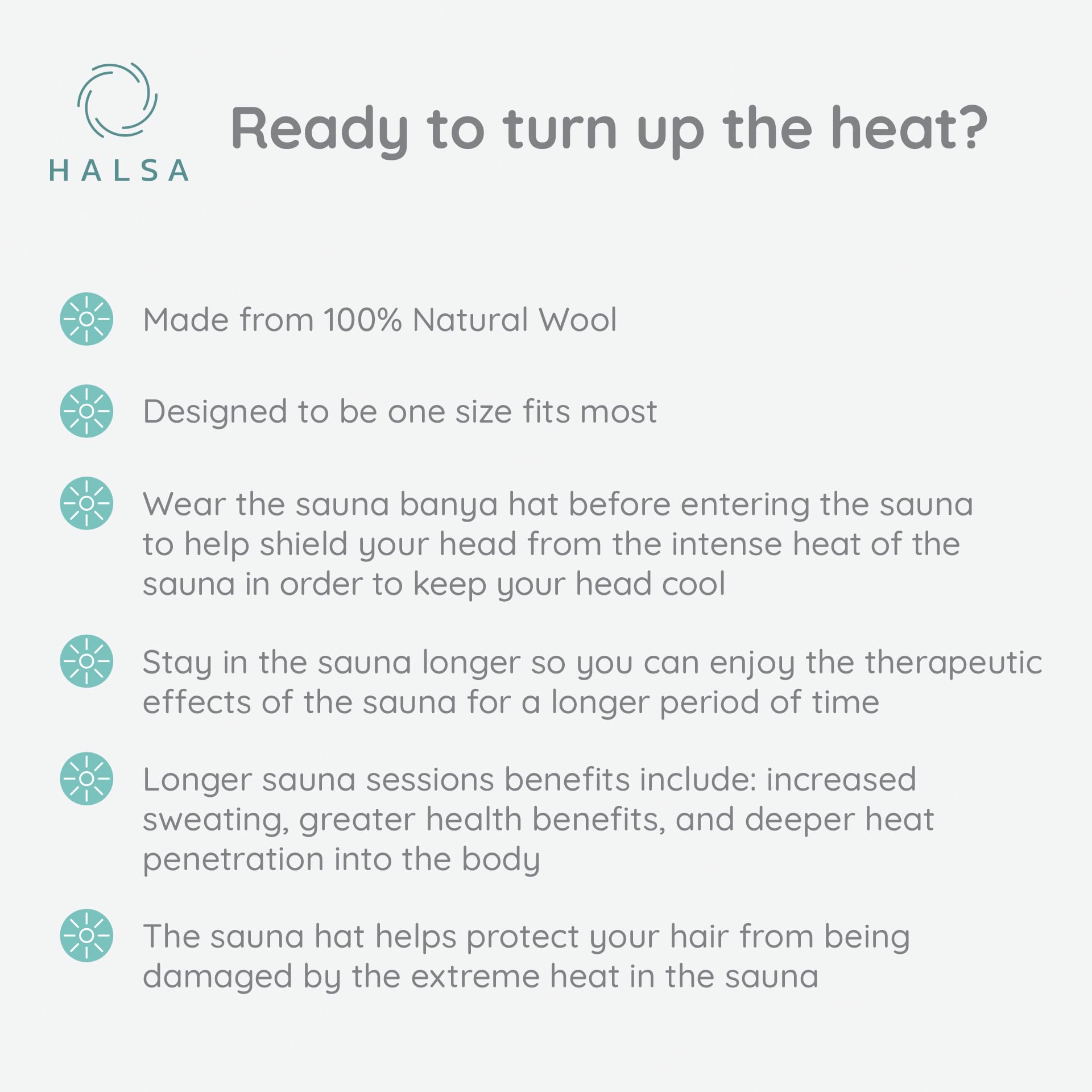 Halsa Sauna Hat protects hair from heat damage during high temperature sessions.