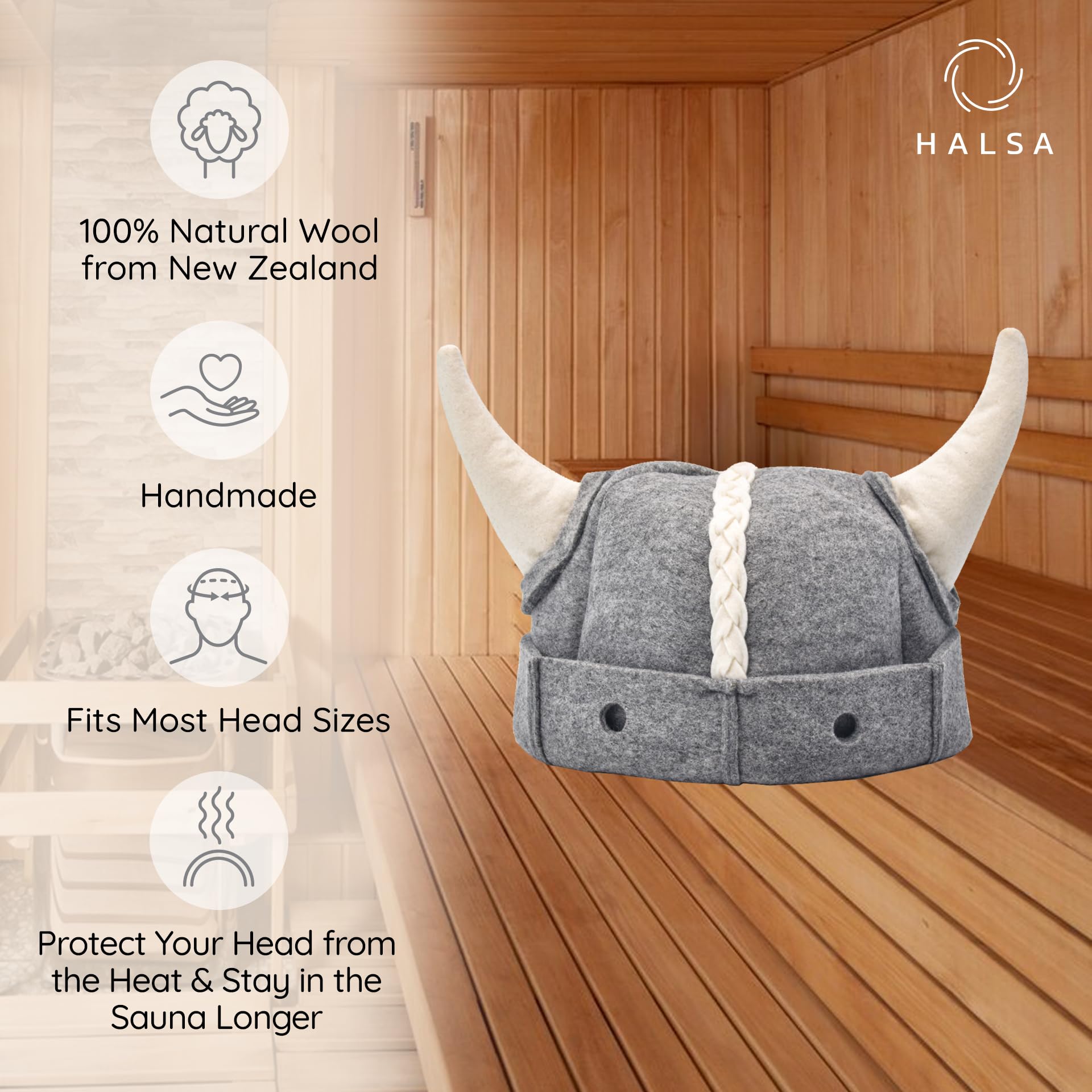 Halsa Sauna Hat closeup shows natural wool fibers for breathable comfort.