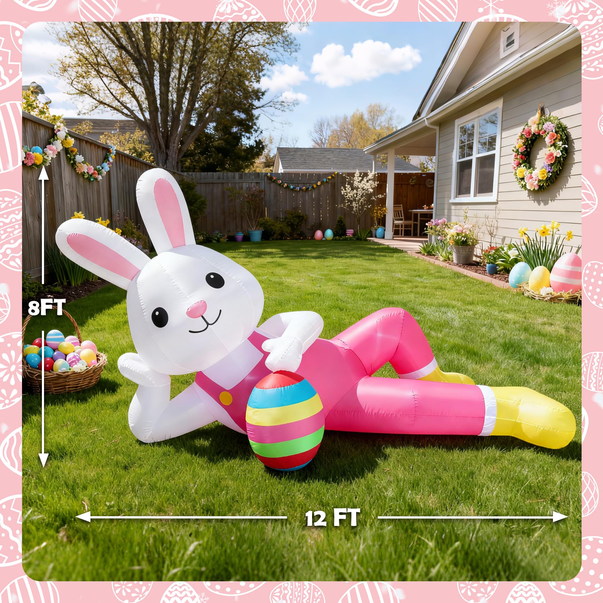 Hamito inflatable bunny with tethers and stakes for wind resistance and stable placement.