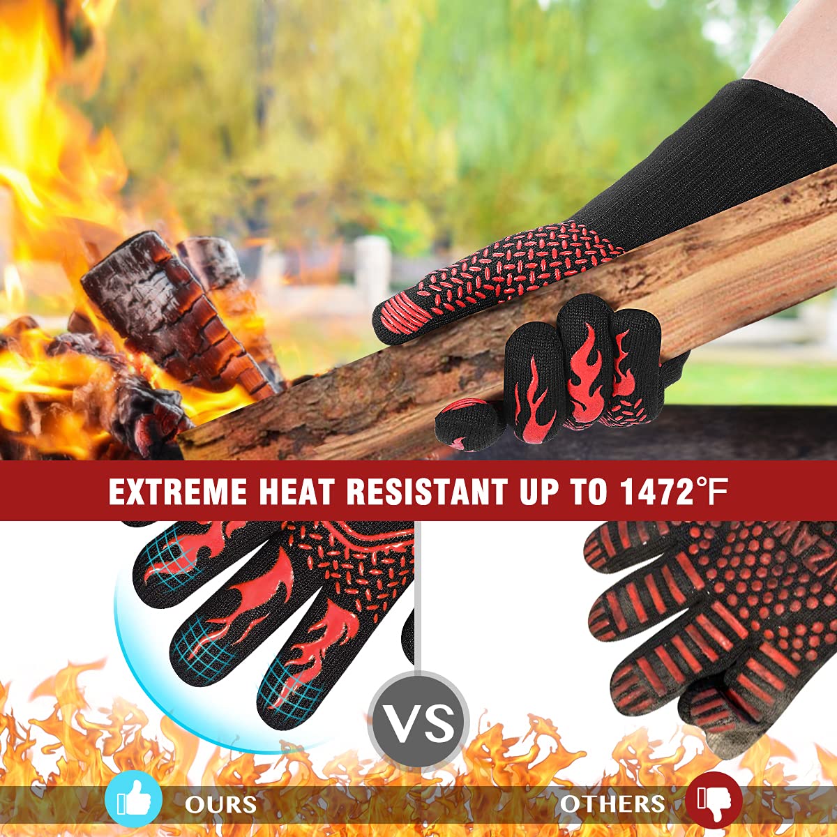 HAMITOR BBQ glove shows 14-inch long sleeve for extended wrist protection.