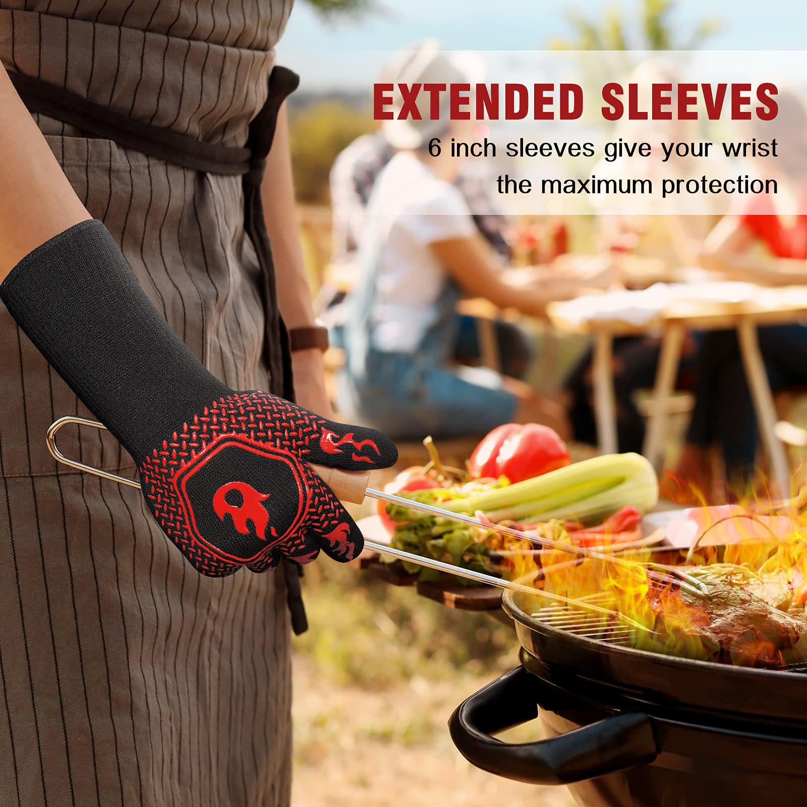 HAMITOR BBQ glove worn in grilling scene emphasizes long-sleeve protection.