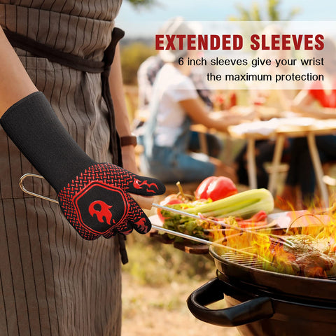 HAMITOR BBQ glove worn in grilling scene emphasizes long-sleeve protection.