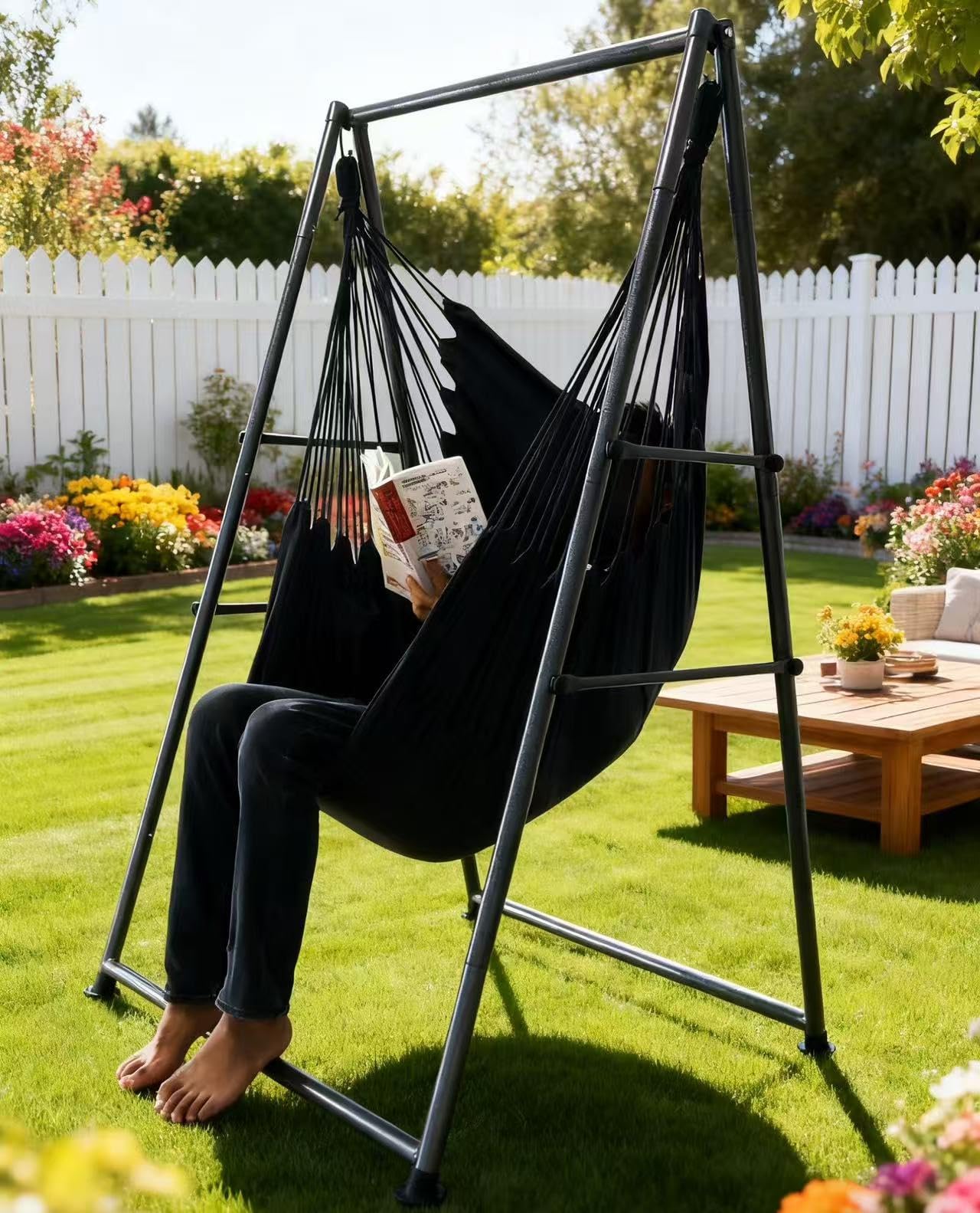 Hammock Chair Stand dark grey finish complements modern home decor.