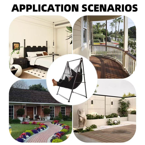 Hammock Chair Stand suitable for indoor and outdoor spaces like patios or sunrooms.