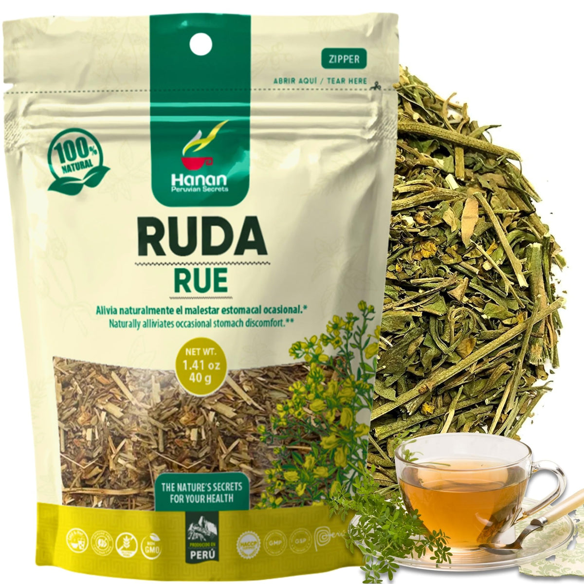 Hanan Rue tea pouch front, showcasing packaging and freshness for a relaxing ritual.