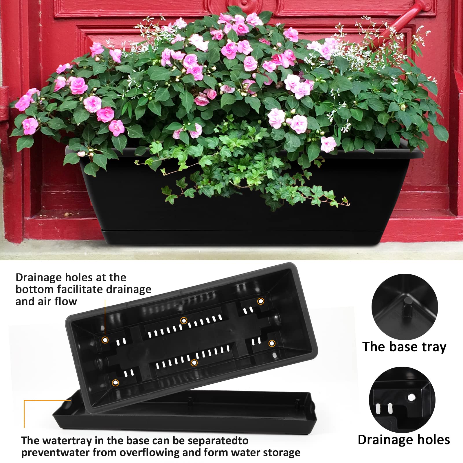 Hananojia black window box planter enhances outdoor patio décor.