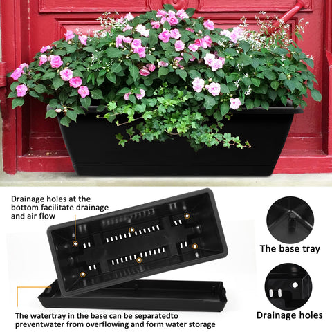 Hananojia black window box planter enhances outdoor patio décor.