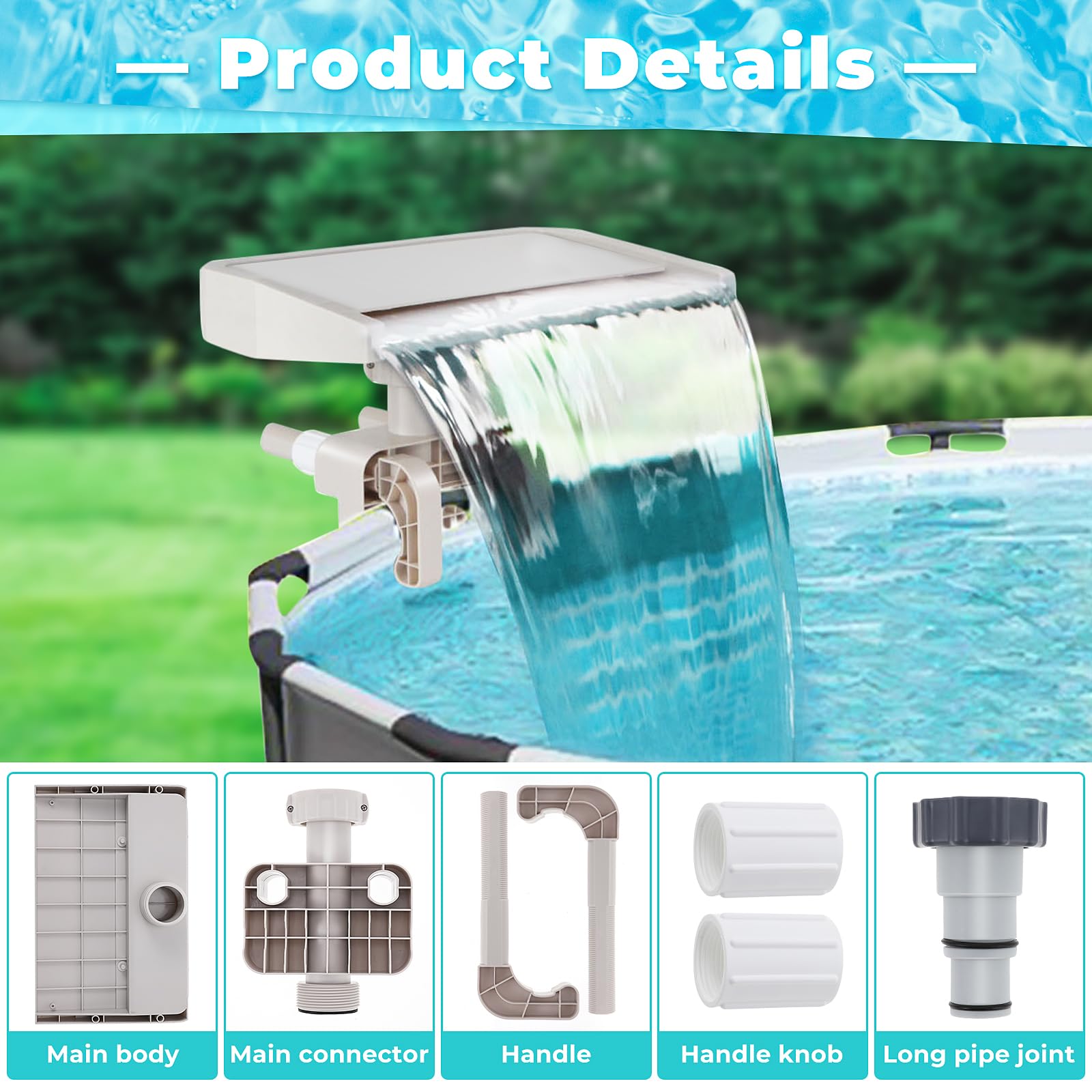 Hanaoyo Pool Fountain Waterfall hose connection for easy pump hookup and operation.