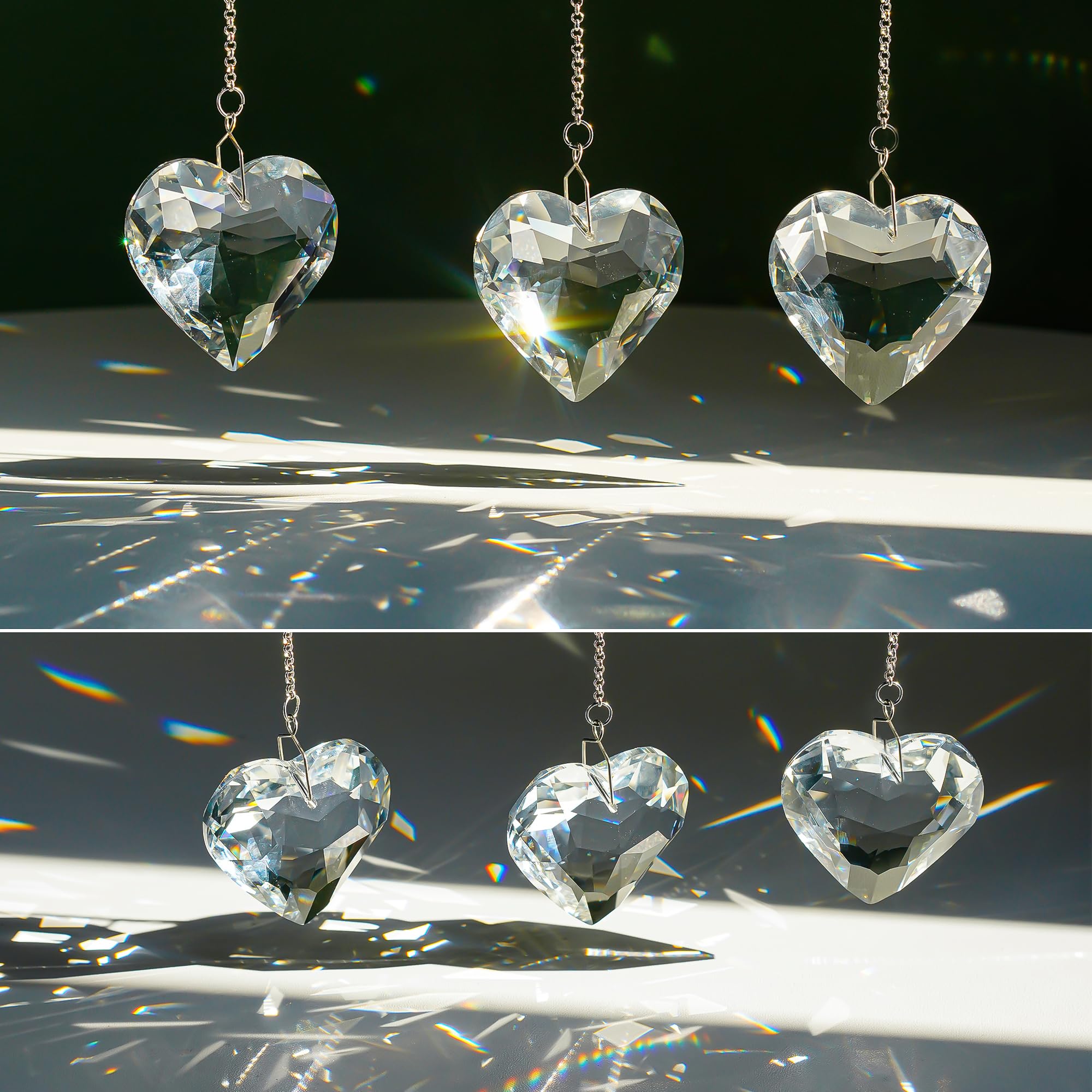 Three-pack 50mm crystal hearts by H&D Hyaline & Dora brighten rooms with prismatic light