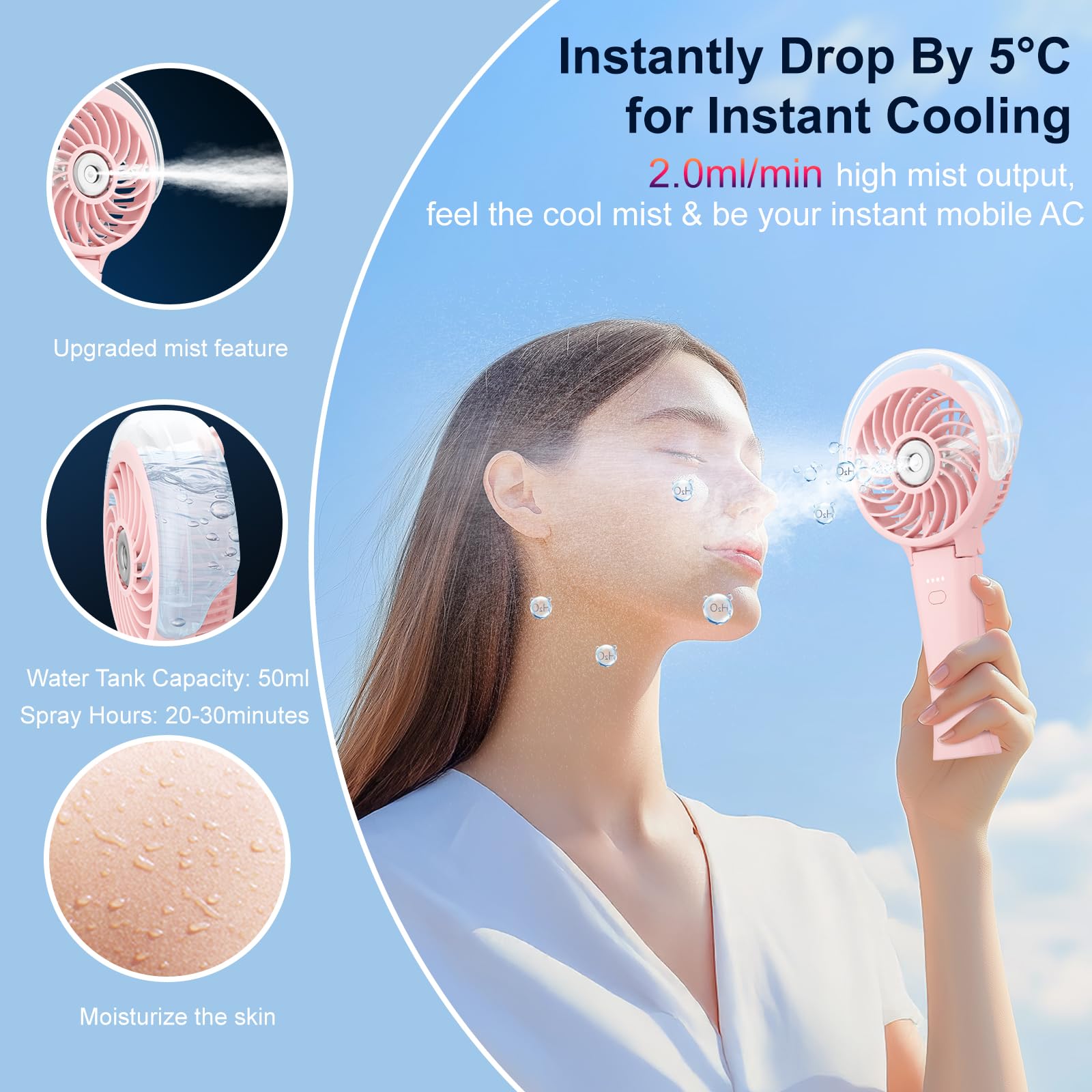 Close-up of HandFan 50ml water tank and mist capability
