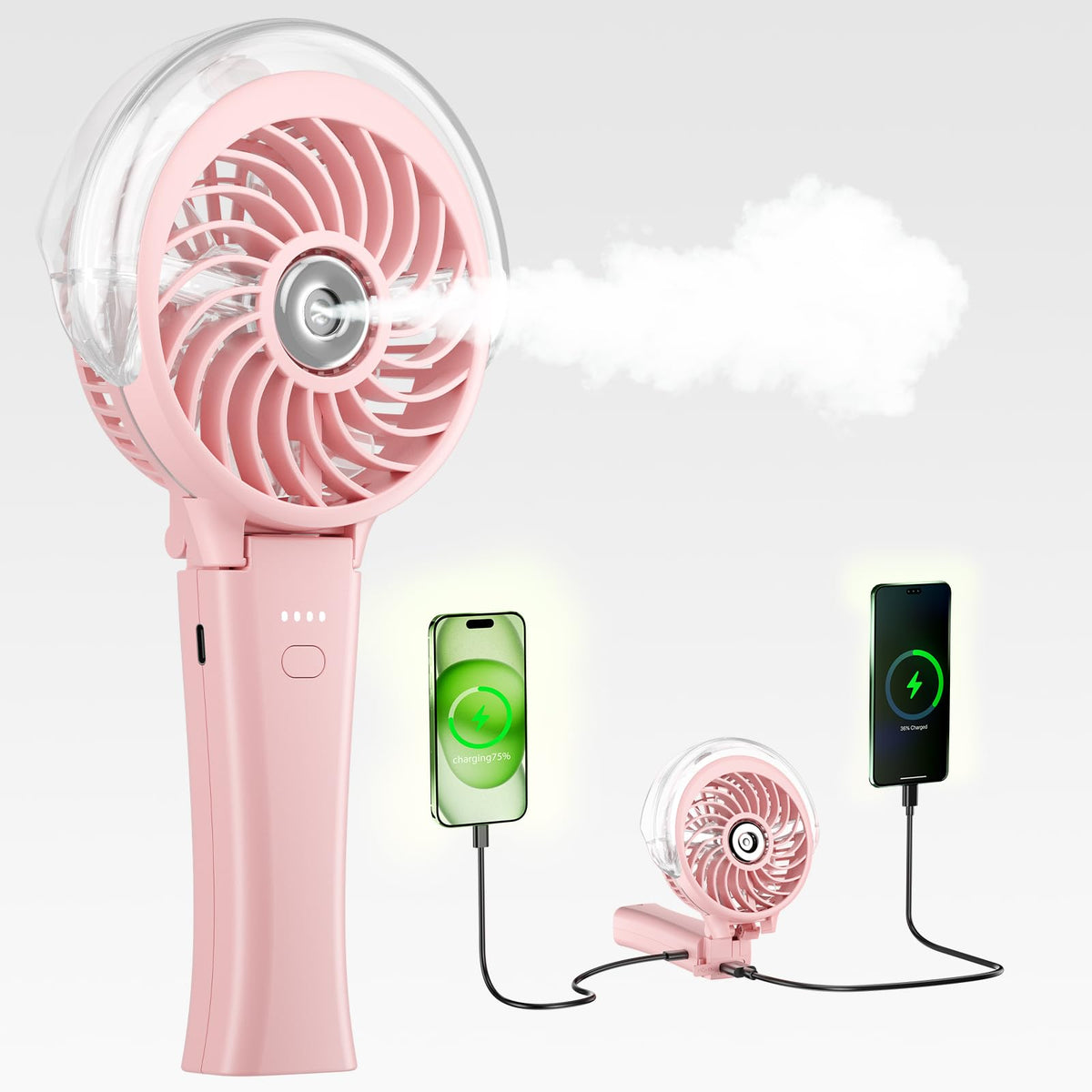 HandFan misting fan pink front view for on-the-go cooling