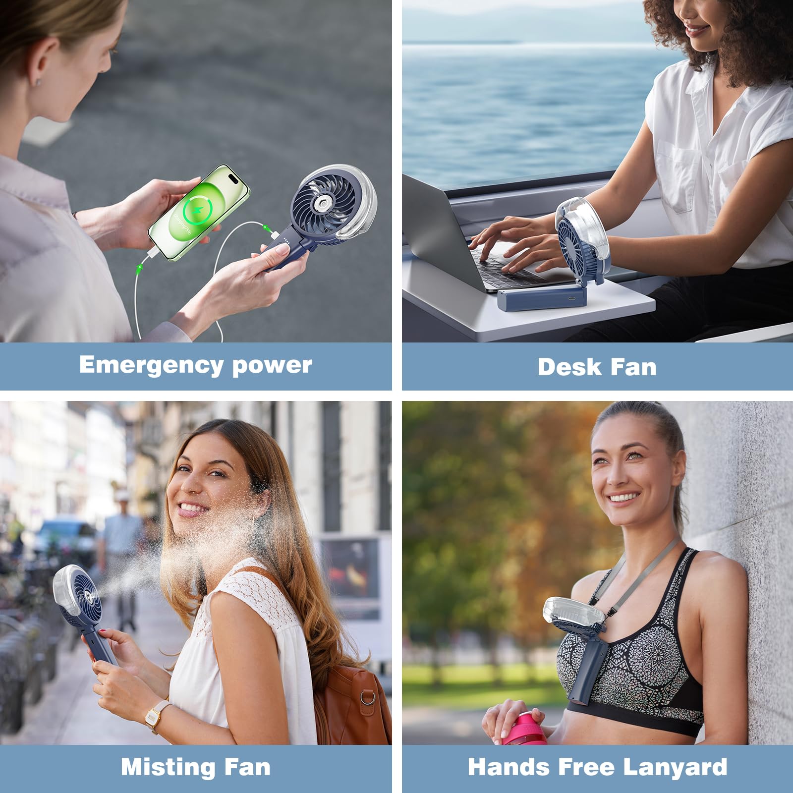 HandFan Disney Royal Blue misting beside bottle demonstrates 20–30 minute duration.