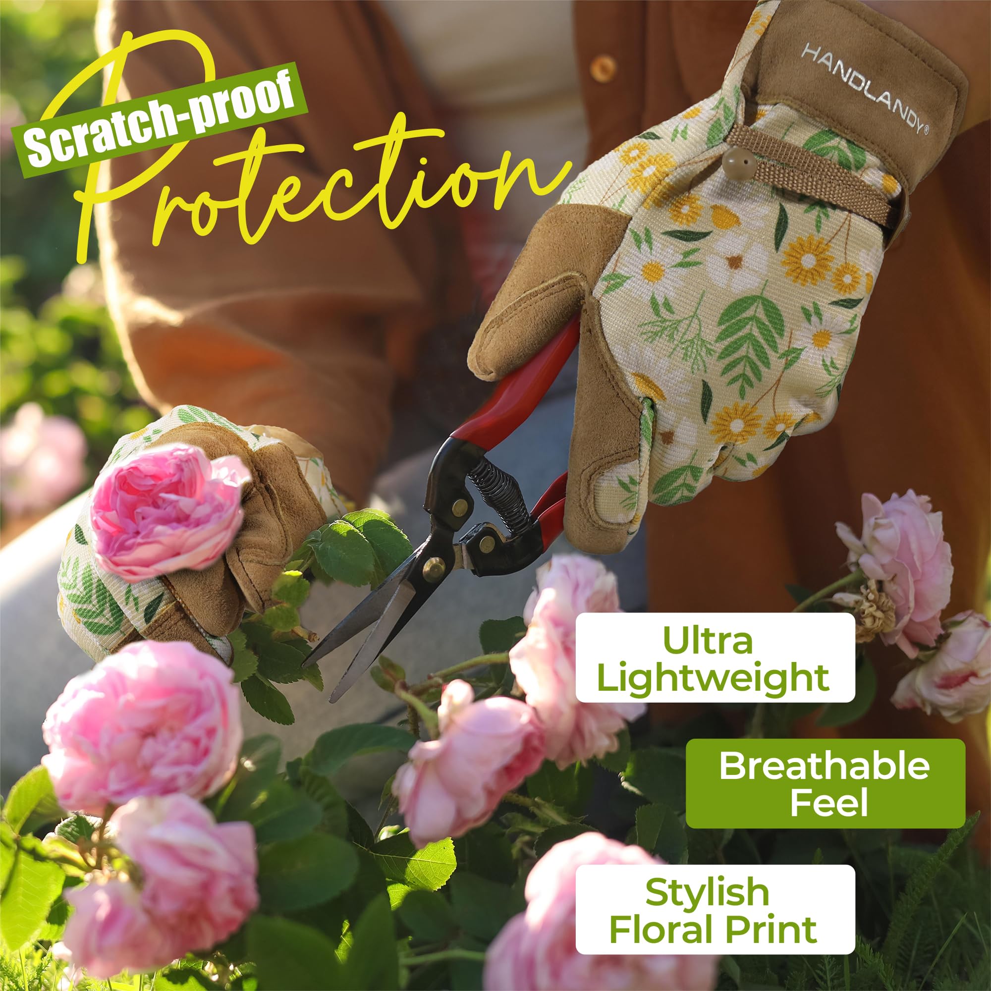 HANDLANDY adjustable-wrist-strap glove provides secure fit for safe, comfortable gardening.