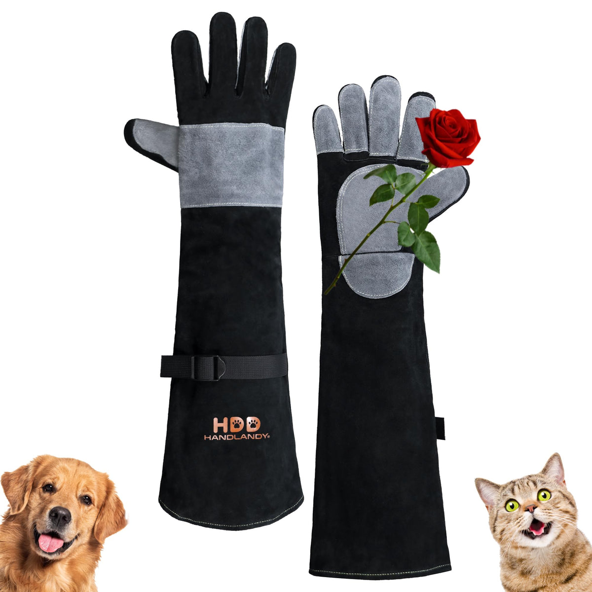 HANDLANDY gloves with an oversize design protect arms during pet handling.
