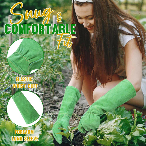 HANDLANDY extended gauntlet cuff protects arms while pruning thorny plants.