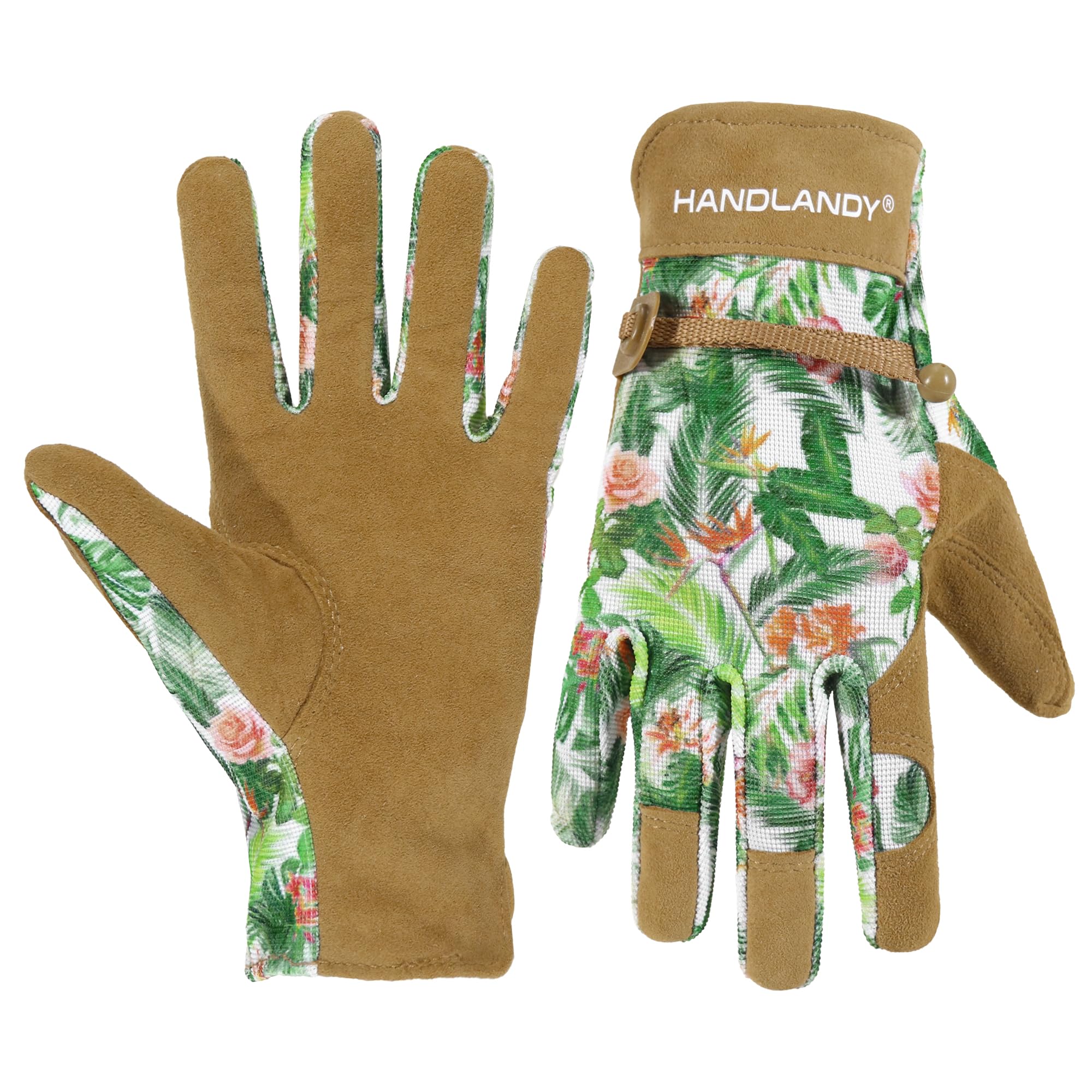 Handlandy women's gardening gloves with leather palm provide durable grip for pruning and planting.