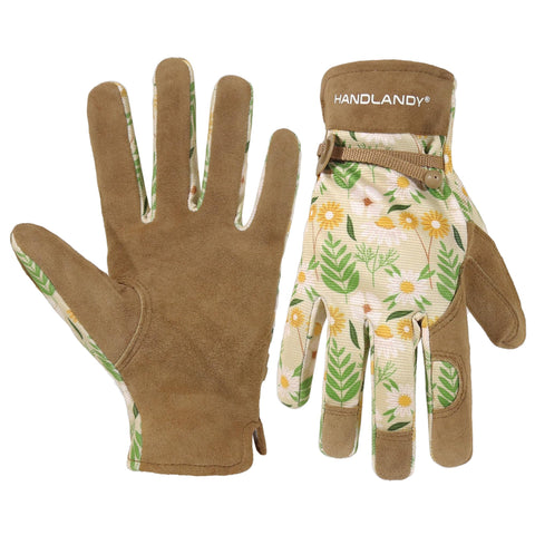 Handlandy women's gardening gloves with genuine leather palm for durable grip during pruning