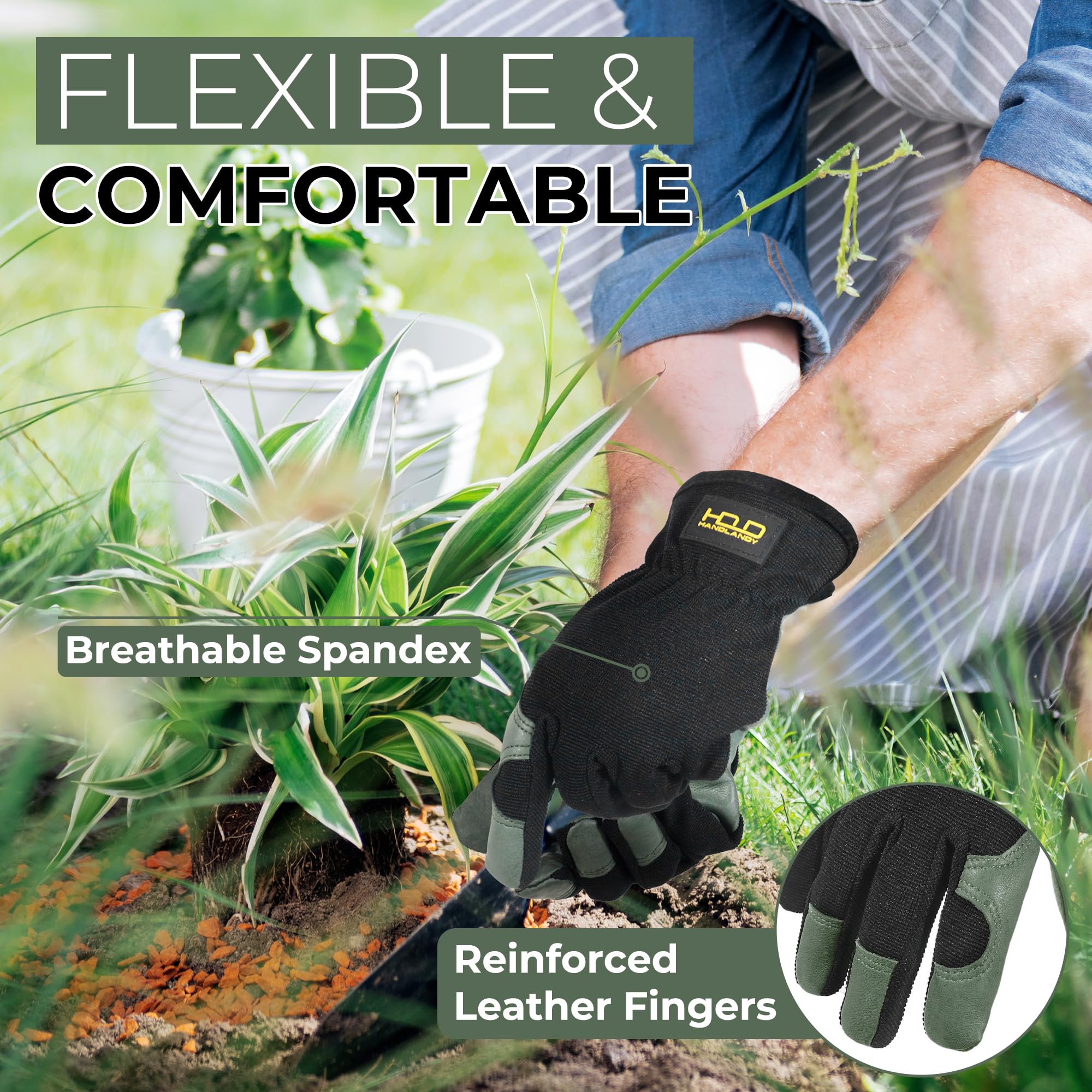 Handlandy gloves being used in a garden setting for planting and weeding