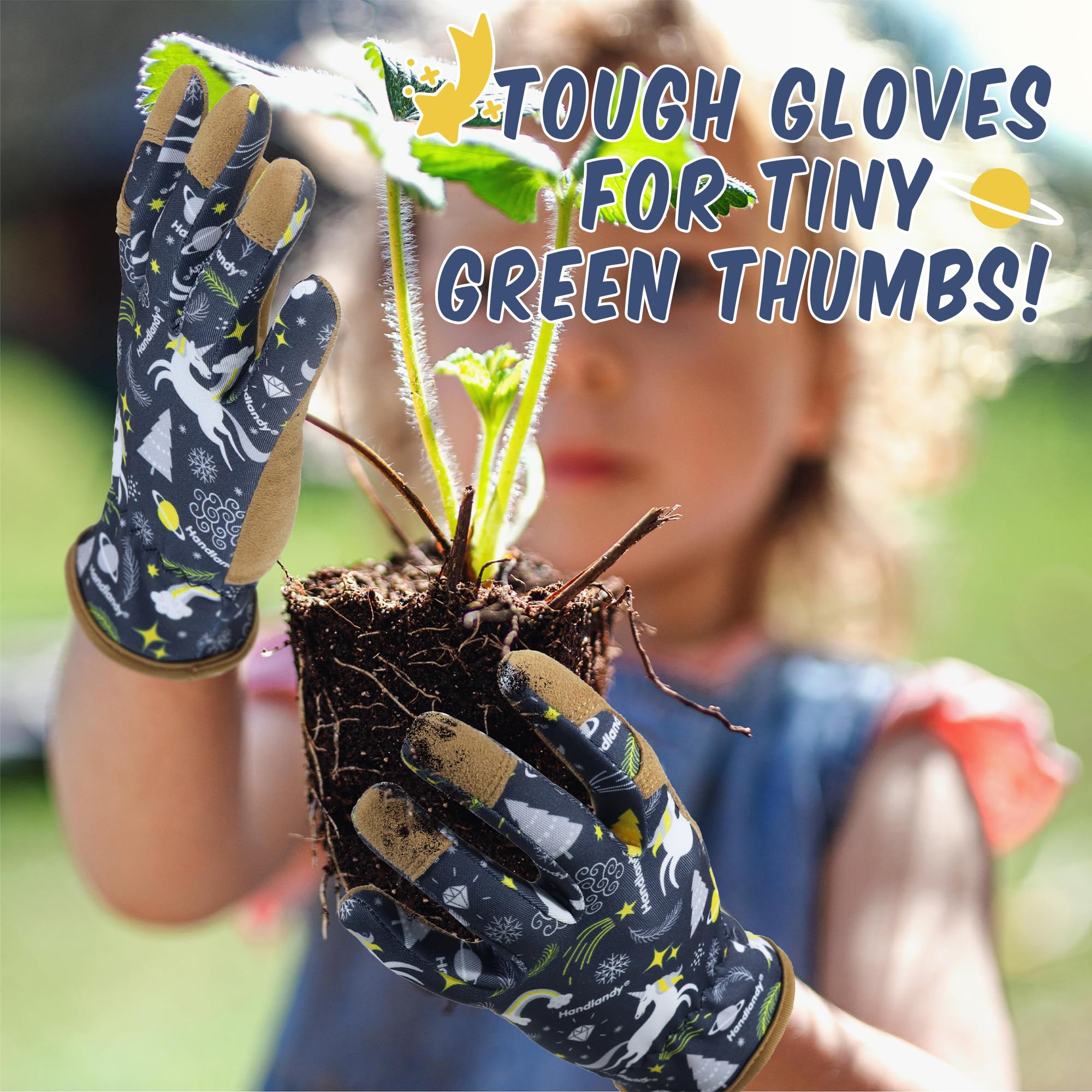HANDLANDY Kids Blue leather gloves in use during outdoor play and exploration.