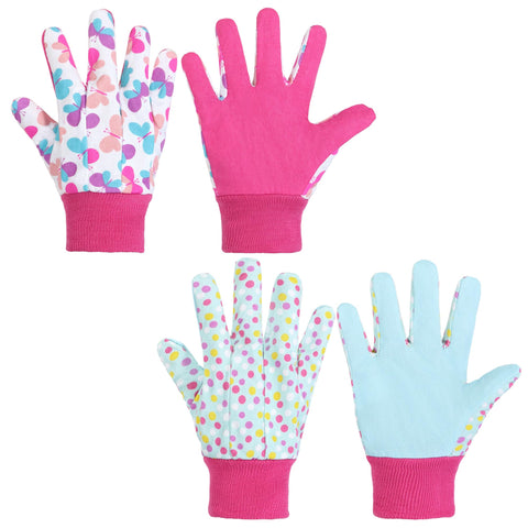 HANDLANDY kids gardening gloves with pink butterfly and dot design for comfortable outdoor play.
