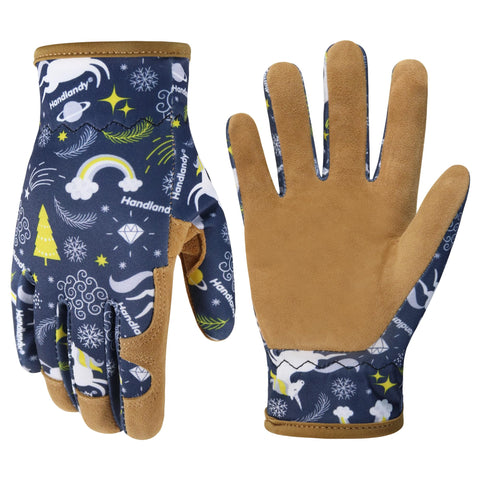 HANDLANDY Kids Genuine Leather Gardening Gloves front view in blue, protective for small hands.