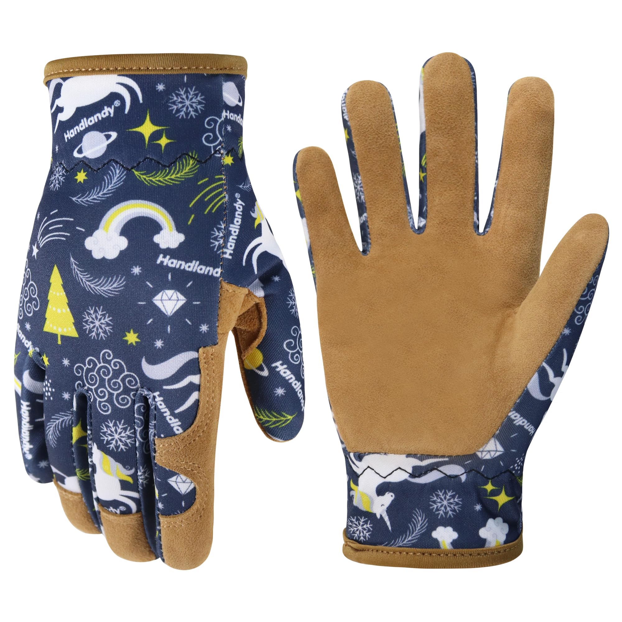 HANDLANDY kids leather gloves in blue for comfortable gardening and outdoor play.