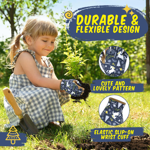 HANDLANDY kids gloves blue with reinforced stitching for durability during tasks.
