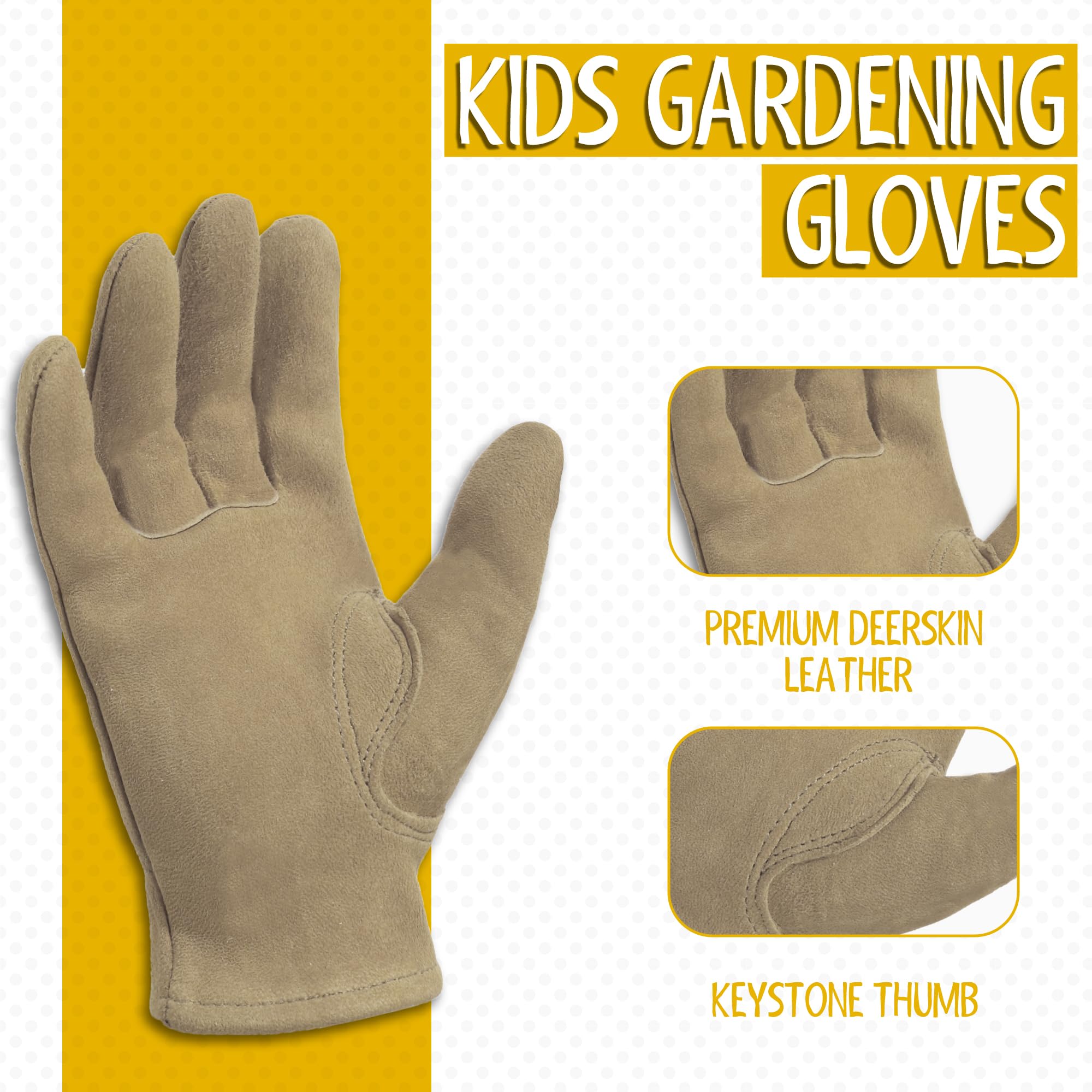 HANDLANDY kids leather work gloves on child during gardening activity for protection.