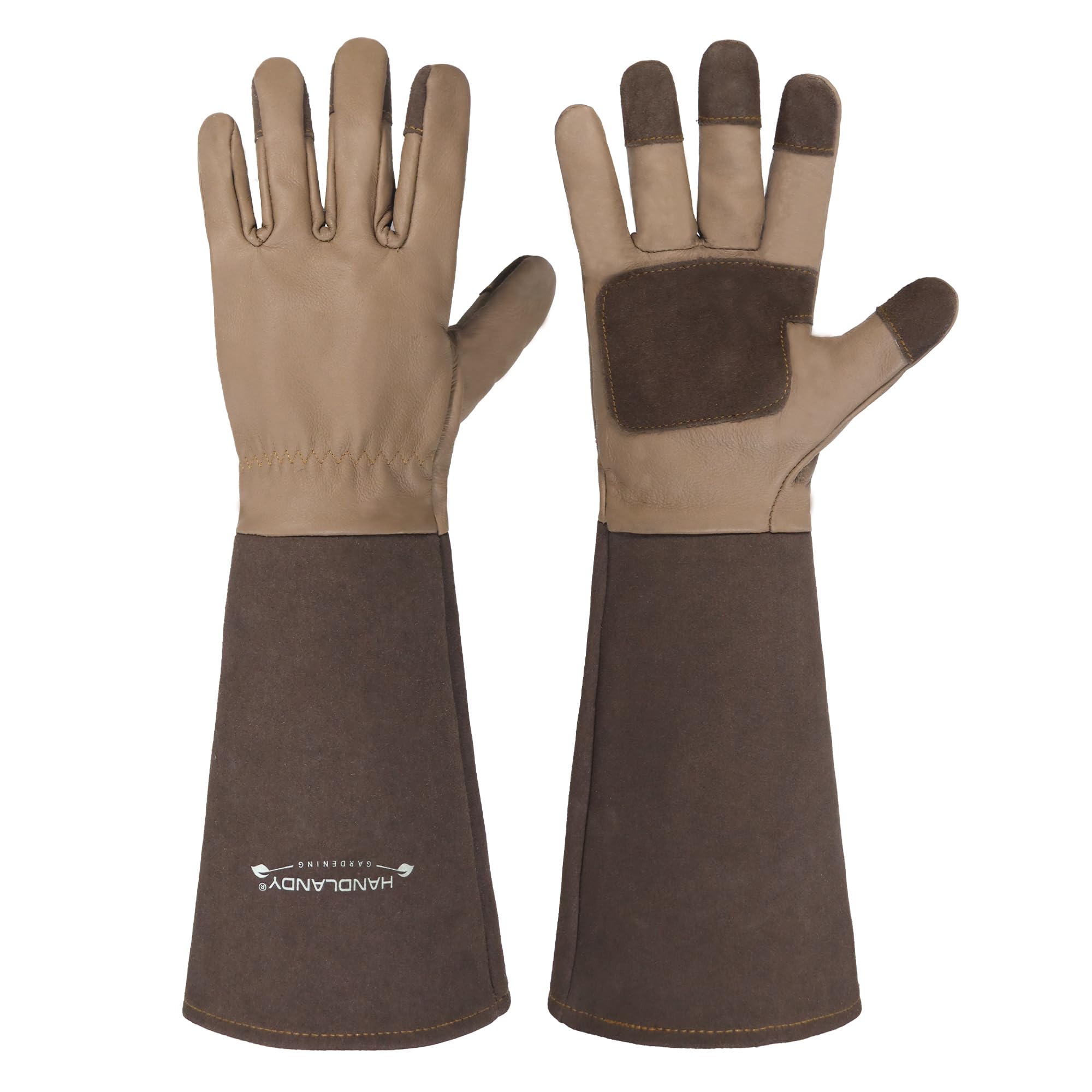 Handlandy long gardening gloves in brown pigskin protect forearms during pruning and weeding.