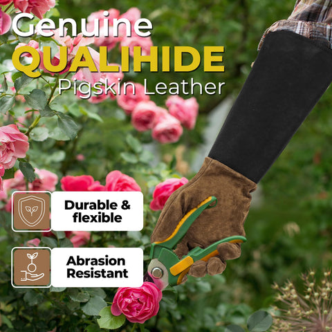 Handlandy gloves side view in coffee brown, flexible fit for precise gardening tasks.