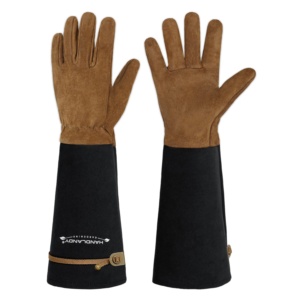 HANDLANDY long gardening gloves in coffee brown provide durable protection for thorny plants.