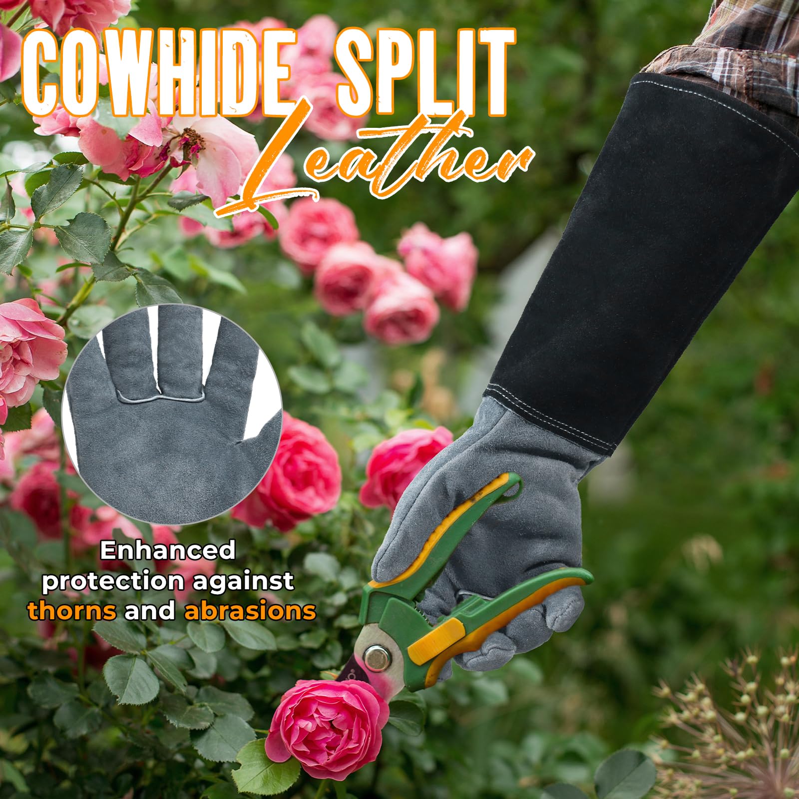 HANDLANDY long gardening gloves with forearm protection guard arms during dense foliage tasks.