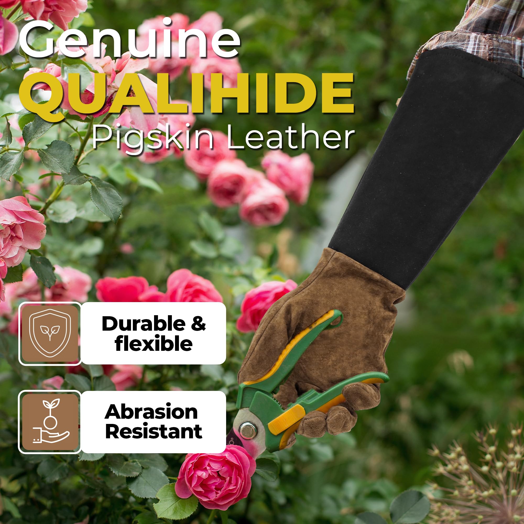 HANDLANDY pigskin leather gloves shield hands from punctures while pruning rose bushes.