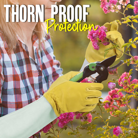 HANDLANDY Rose Pruning Gloves highlight forearm sleeve protection during outdoor tasks.