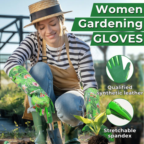 HANDLANDY grass-green long gloves provide forearm protection during rose pruning.