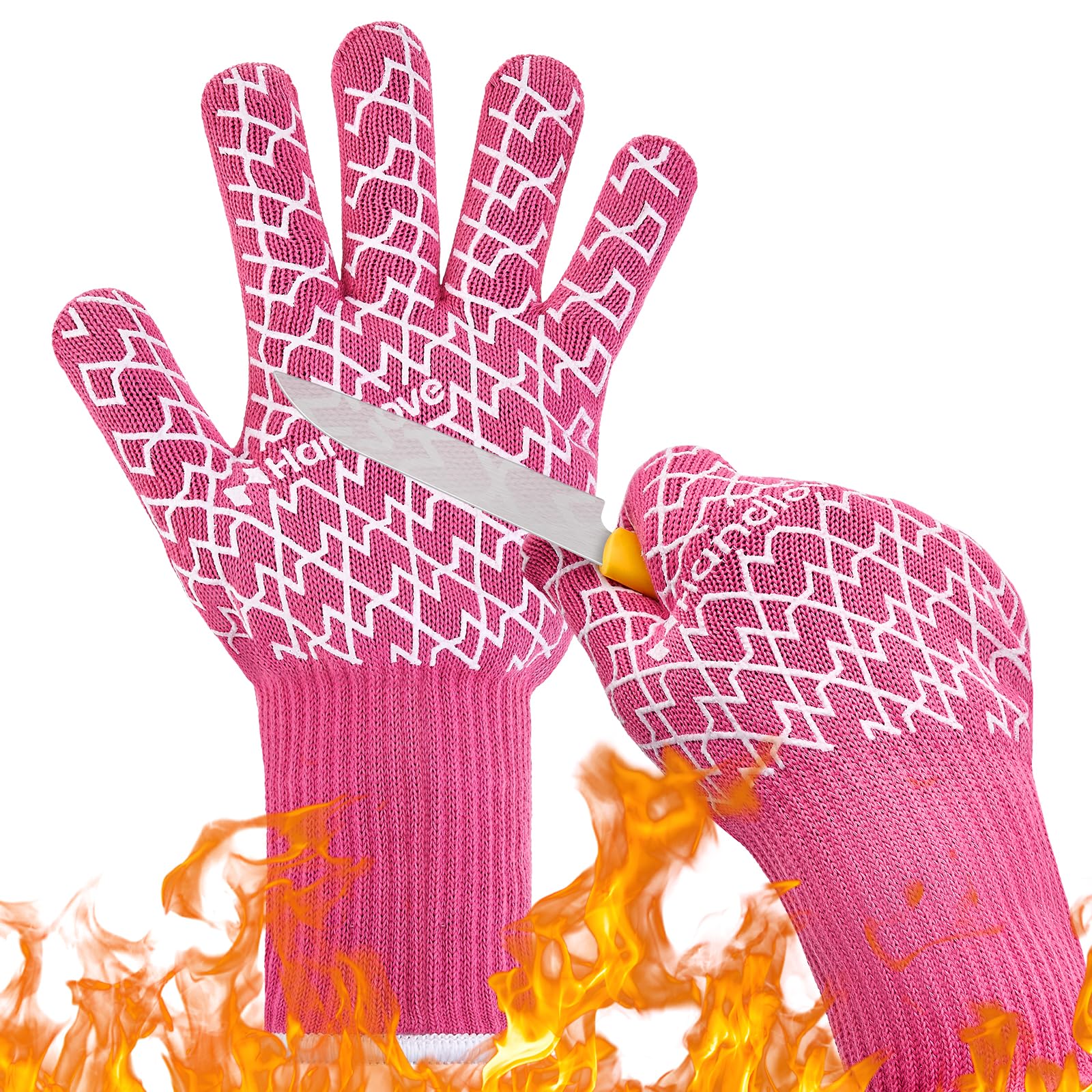 HandLove aramid heat gloves on hand with pink color for grilling protection.