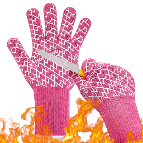 HandLove aramid heat gloves on hand with pink color for grilling protection.
