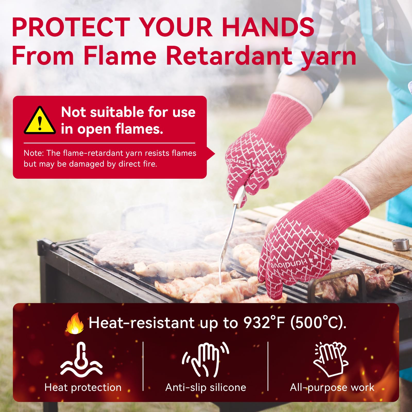 Product shot of HandLove pink gloves ready for kitchen and grill.