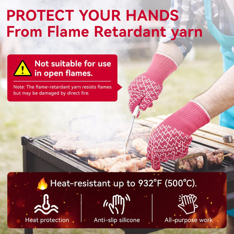 Product shot of HandLove pink gloves ready for kitchen and grill.