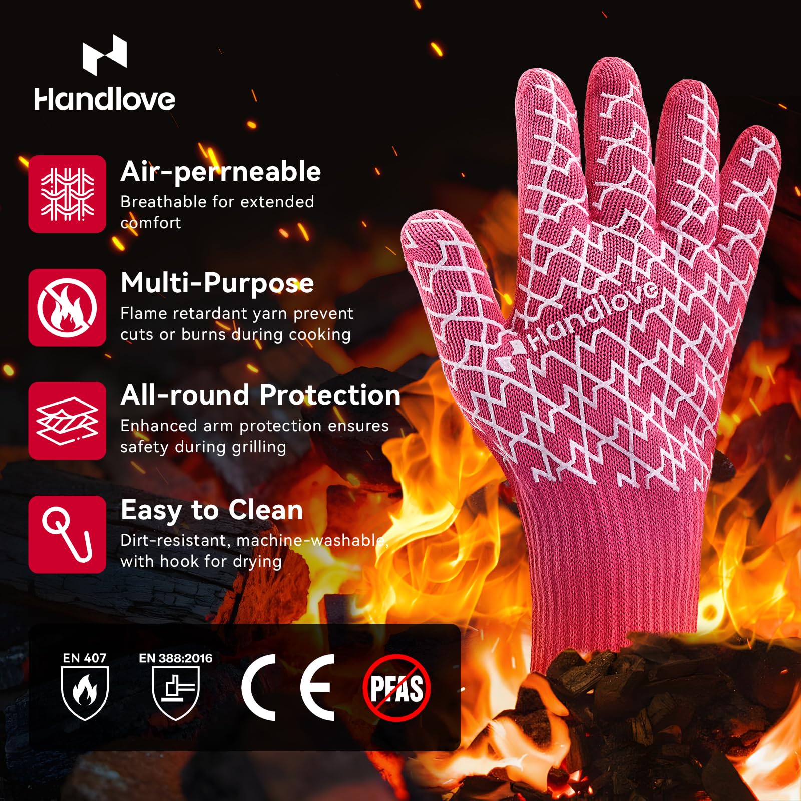 HandLove silicone grip close-up showing non-slip control for hot pans.