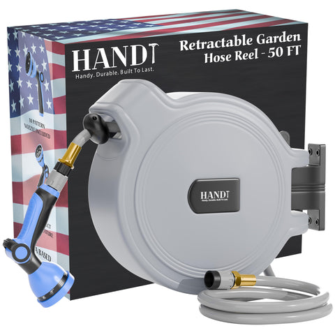 HANDT wall-mount retractable hose reel with 50 ft reach for tidy outdoor watering