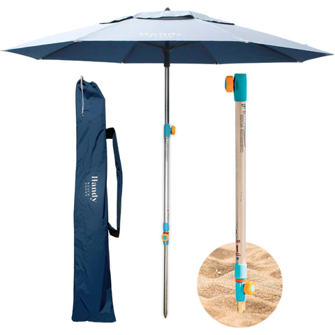 Handy Beach Goods umbrella setup in 10 seconds for quick shade on any sand.