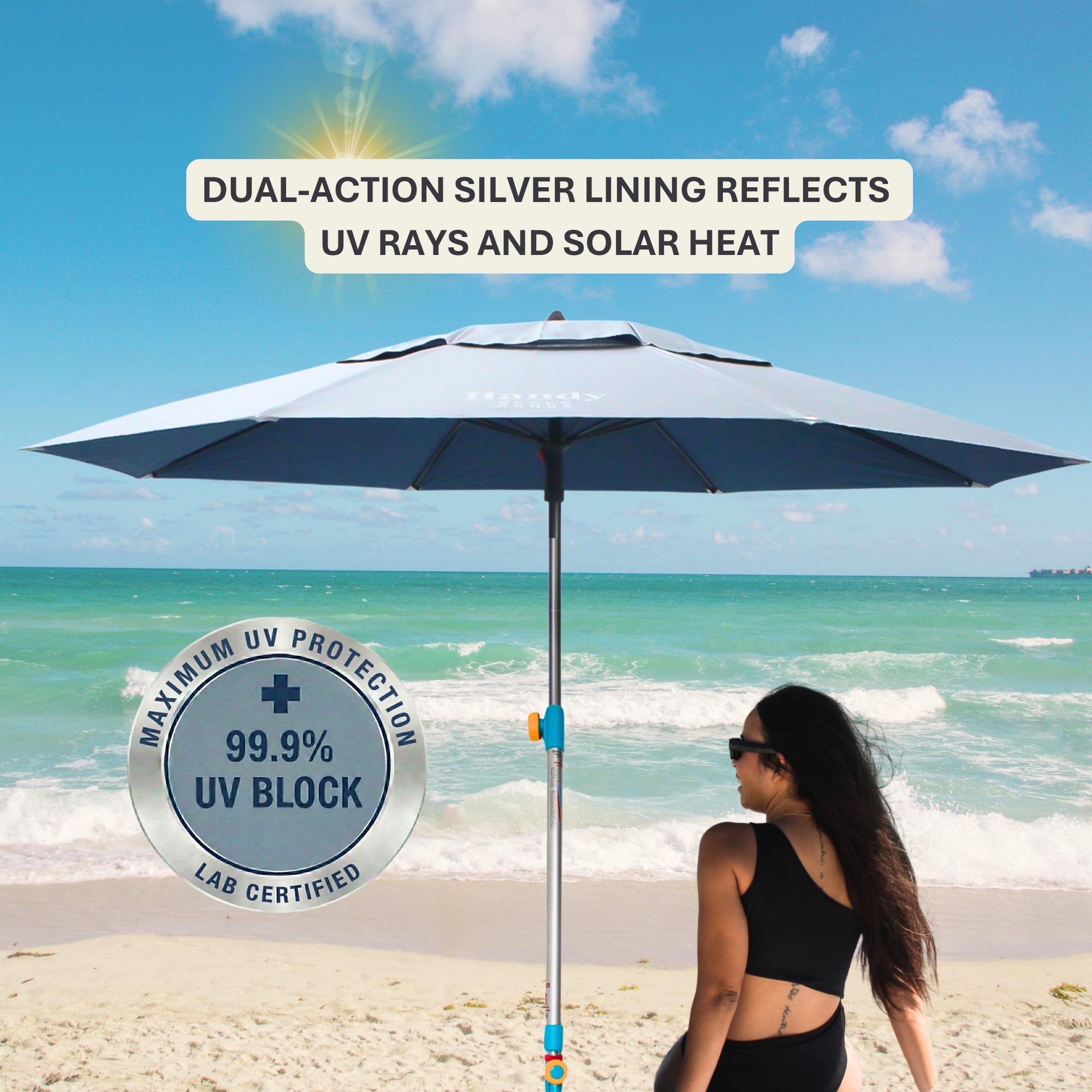 Handy Beach Goods silver UPF 55 canopy reflects UV rays.