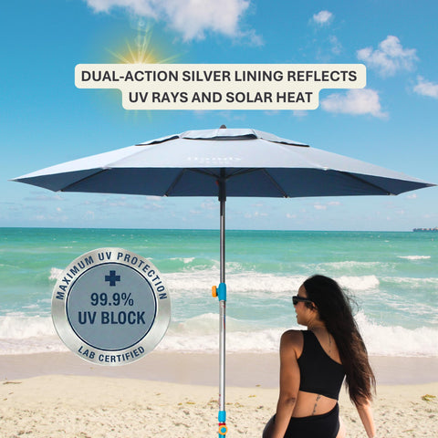Handy Beach Goods silver UPF 55 canopy reflects UV rays.