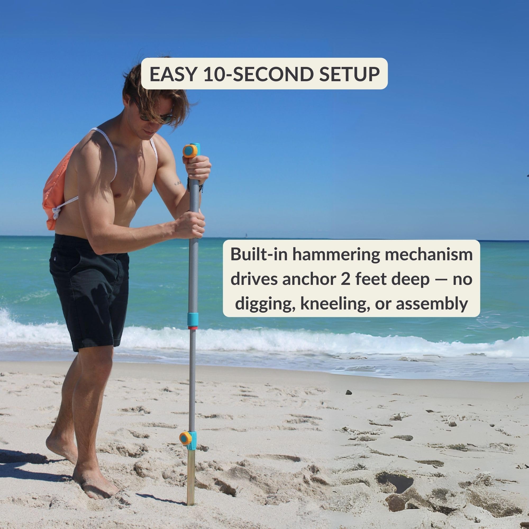 Handy Beach Goods umbrella with wind safety to 30 mph.