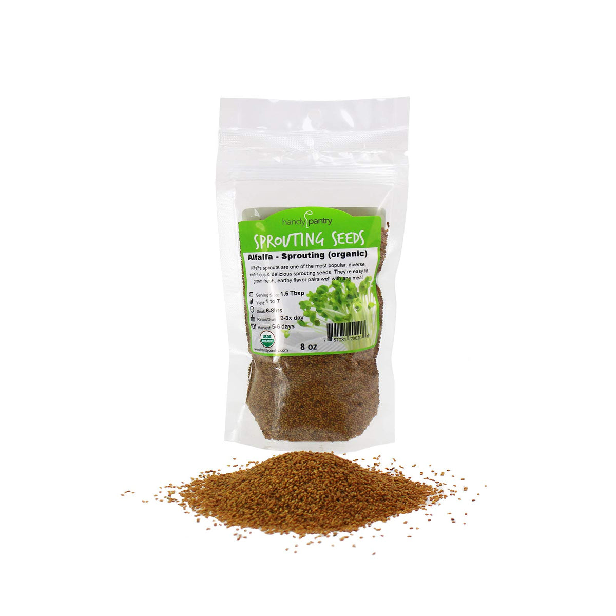 Handy Pantry alfalfa seed pouch encourages easy storage and fresh sprouts.