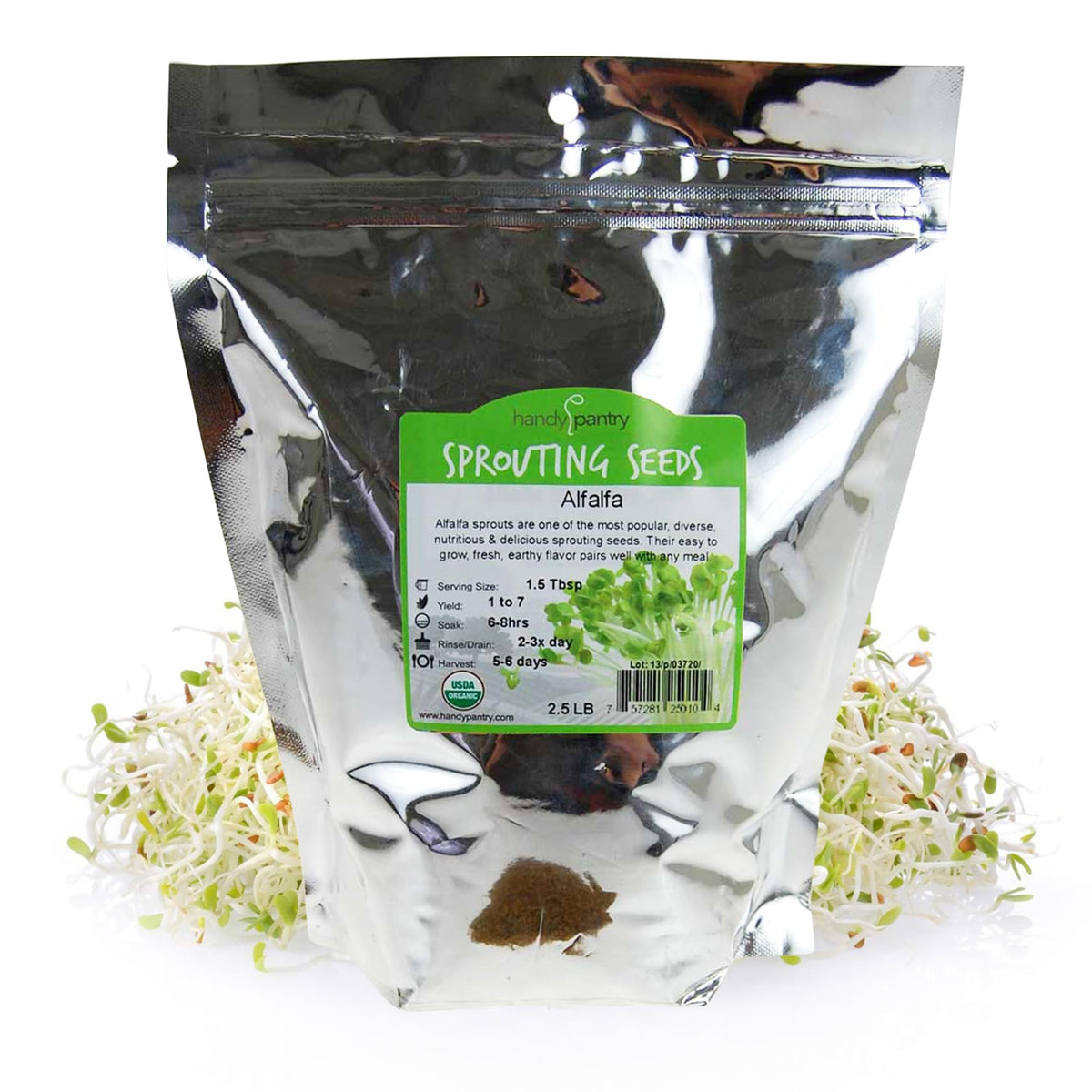 Handy Pantry organic alfalfa sprouting seed in resealable pack for freshness and storage