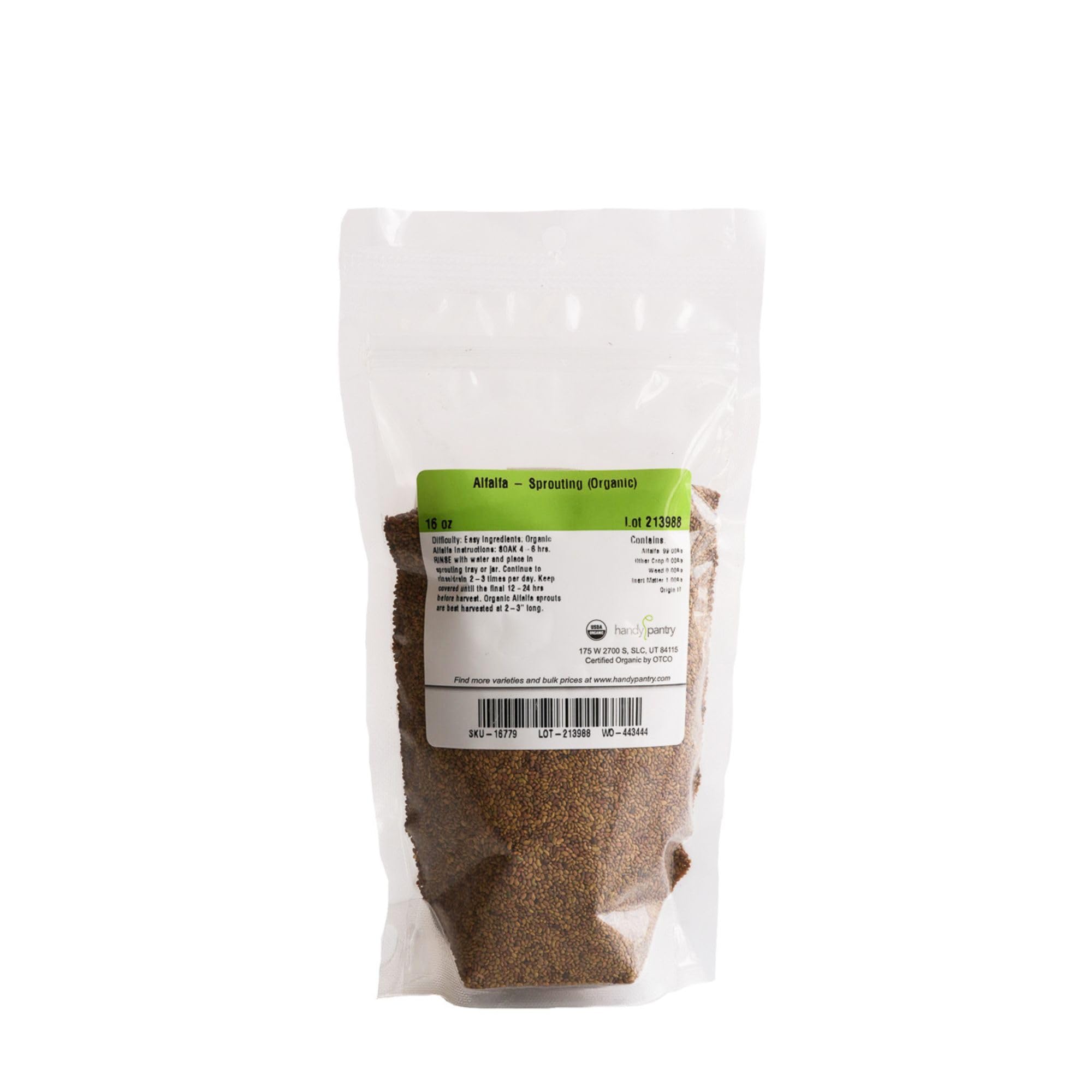 Handy Pantry organic alfalfa sprouting seeds in resealable pouch for easy storage.