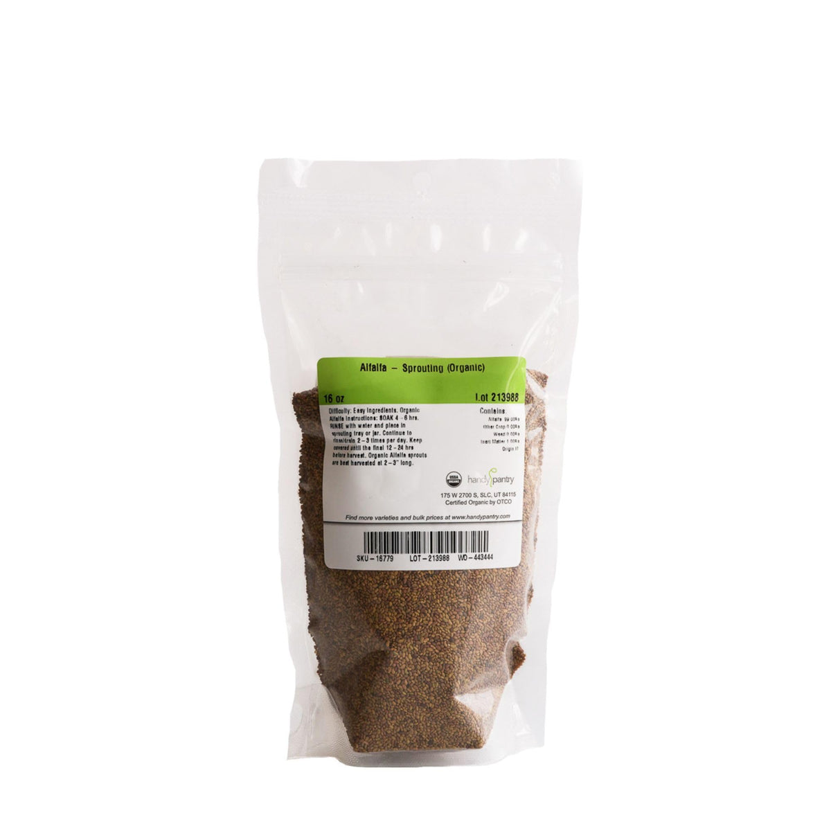 Handy Pantry organic alfalfa sprouting seeds in resealable pouch for easy storage.