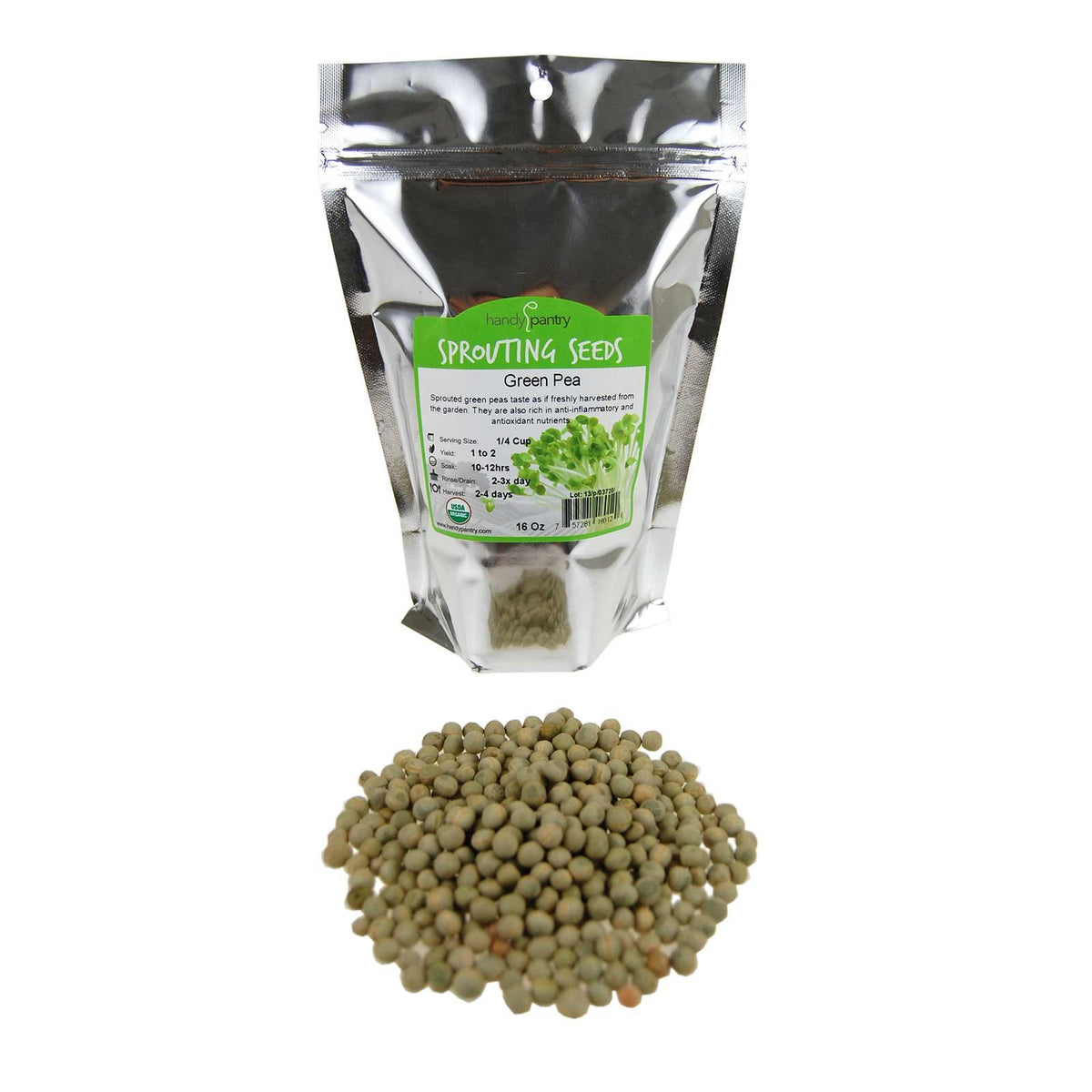 Handy Pantry organic green pea sprouting seed package ready for home sprouting.